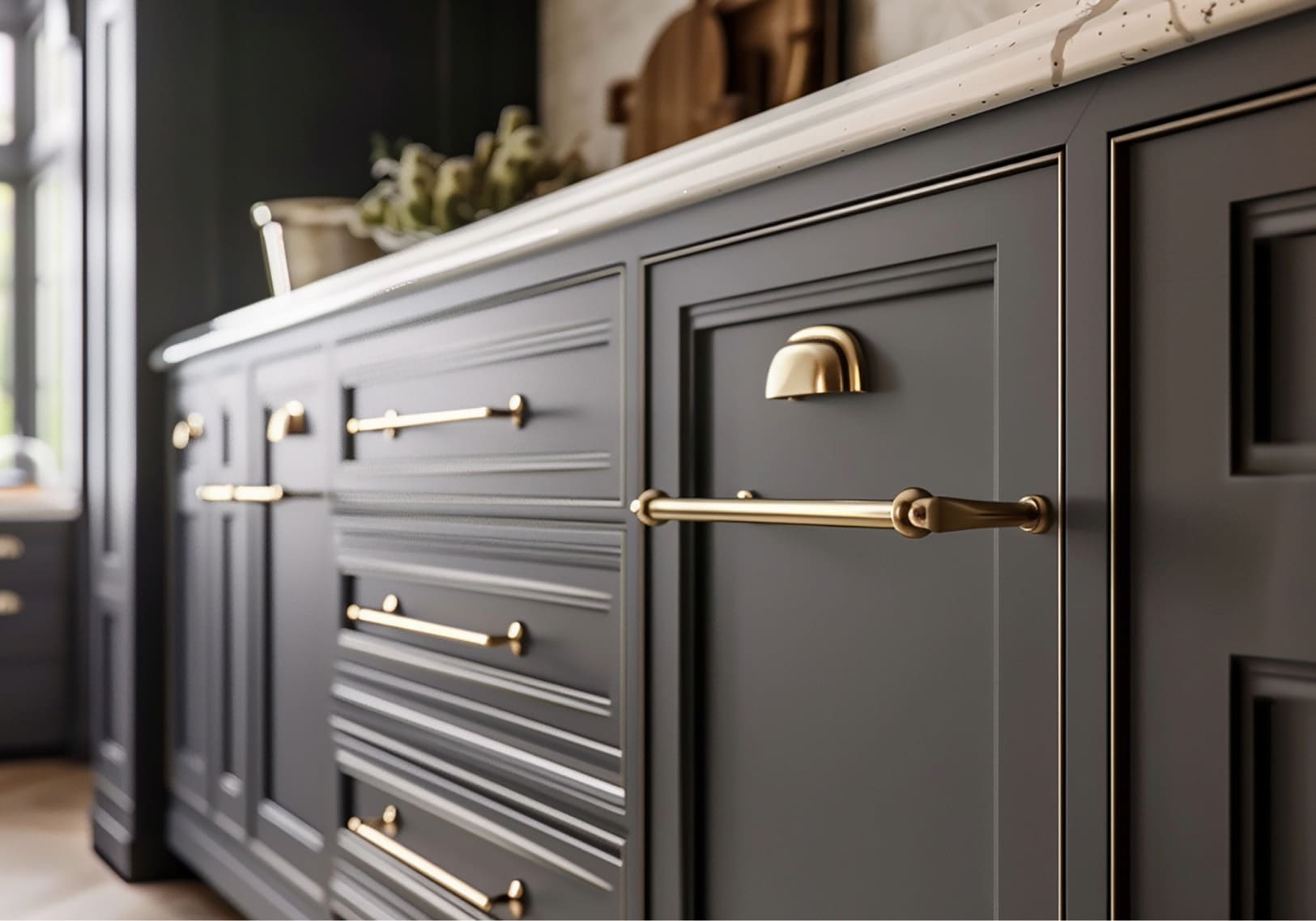 A professional close-up shot of modern, dark-gray kitchen cabinets with gold hardware, showcasing a high-quality finish by West Rivers Painting in Bend, OR.